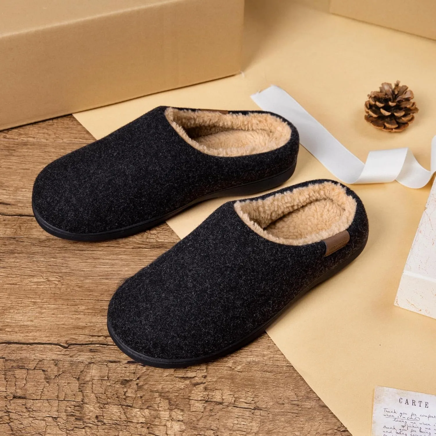 VeraCosy Men's Wool Felt Slippers Warm Fuzzy Faux Sherpa Slip-on Memory Foam Indoor House Slippers