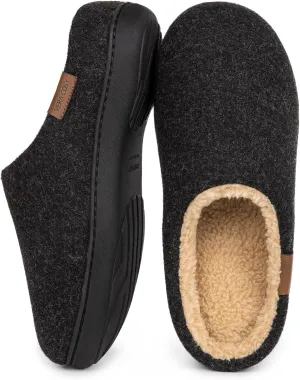 VeraCosy Men's Wool Felt Slippers Warm Fuzzy Faux Sherpa Slip-on Memory Foam Indoor House Slippers