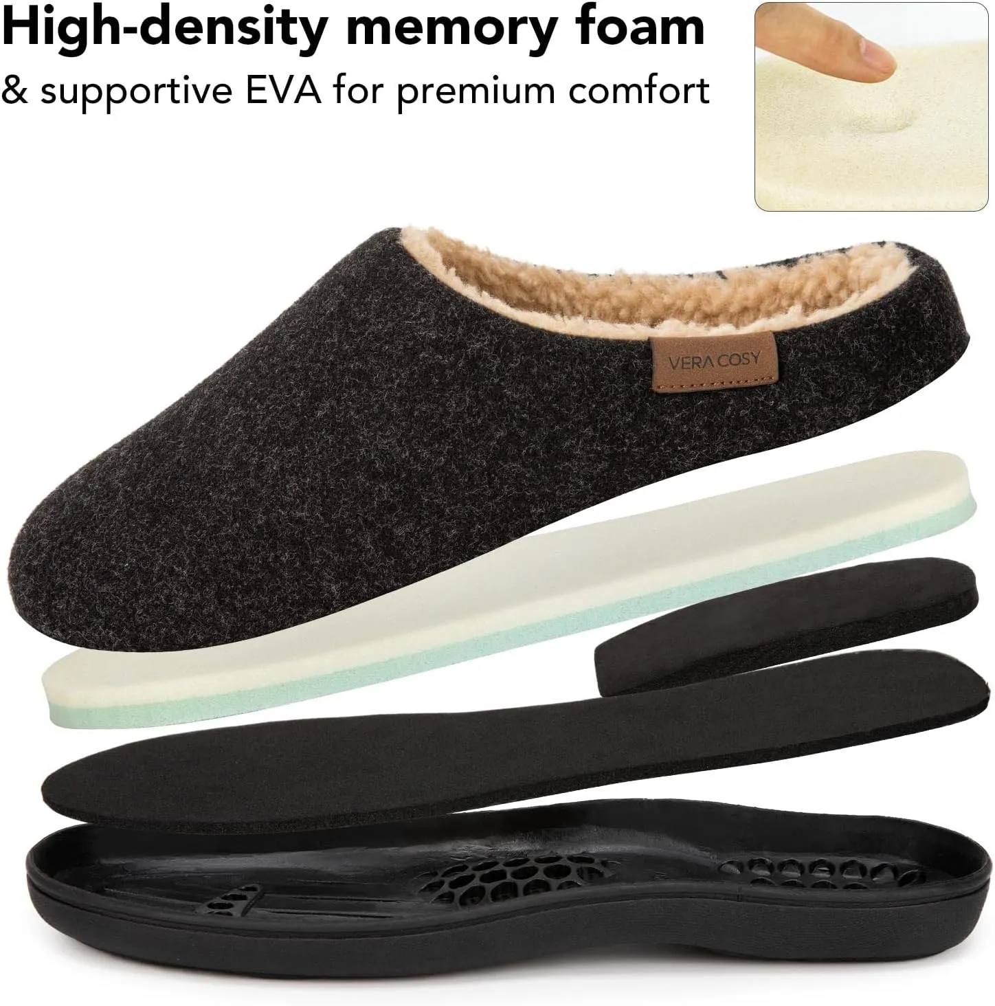 VeraCosy Men's Wool Felt Slippers Warm Fuzzy Faux Sherpa Slip-on Memory Foam Indoor House Slippers