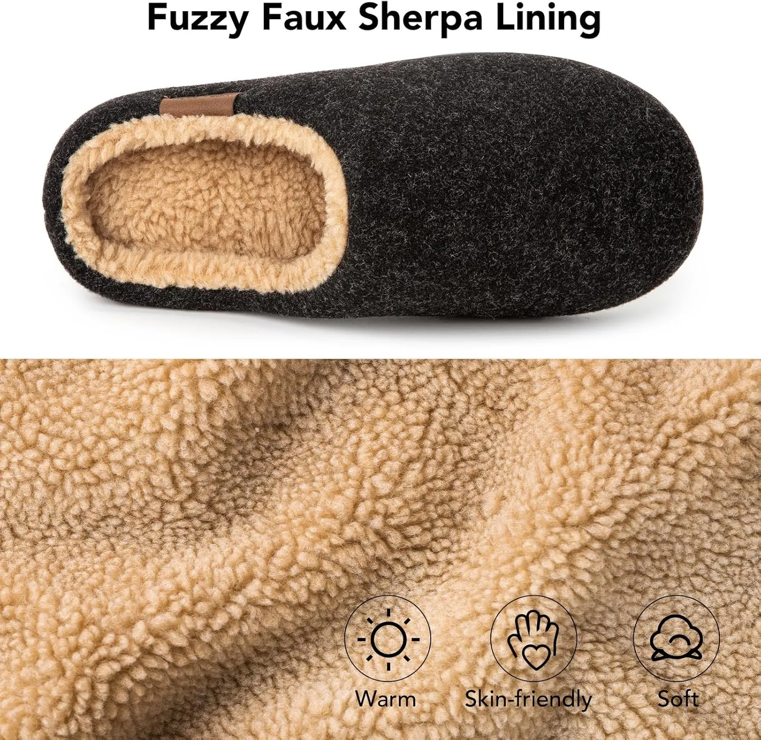 VeraCosy Men's Wool Felt Slippers Warm Fuzzy Faux Sherpa Slip-on Memory Foam Indoor House Slippers
