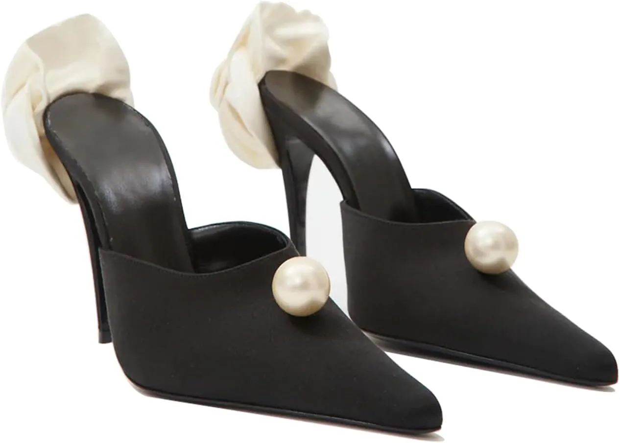 Vertundy High-Heeled Floral Mules For Women Pearl Pointed Closed Toe Backless Velvet Mules Sandals Slip On Bridal Wedding Mule Pumps Black