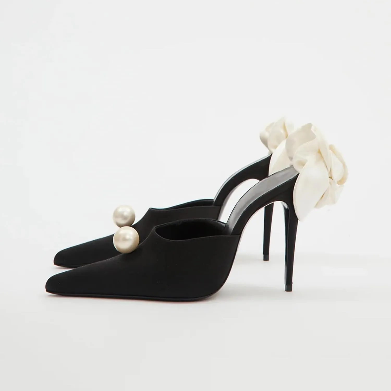 Vertundy High-Heeled Floral Mules For Women Pearl Pointed Closed Toe Backless Velvet Mules Sandals Slip On Bridal Wedding Mule Pumps Black