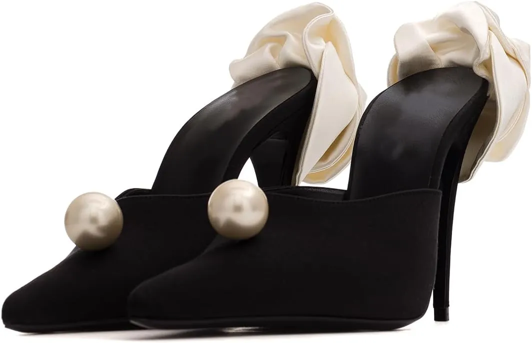 Vertundy High-Heeled Floral Mules For Women Pearl Pointed Closed Toe Backless Velvet Mules Sandals Slip On Bridal Wedding Mule Pumps Black