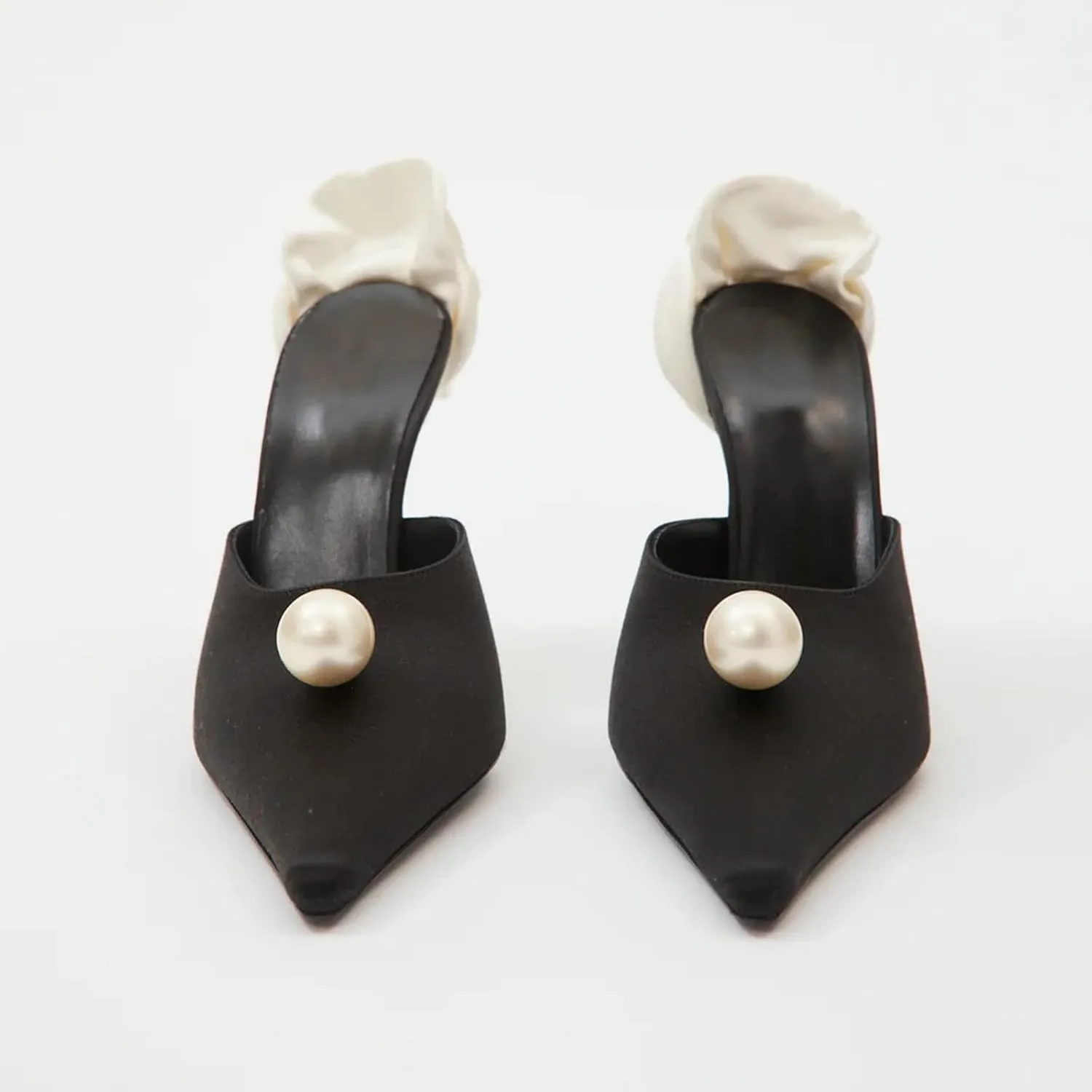 Vertundy High-Heeled Floral Mules For Women Pearl Pointed Closed Toe Backless Velvet Mules Sandals Slip On Bridal Wedding Mule Pumps Black