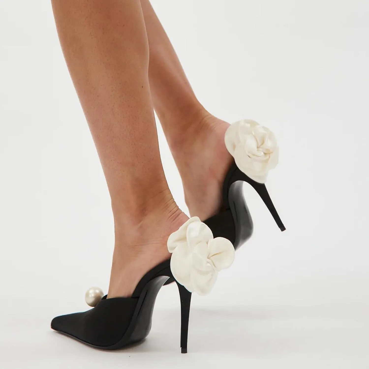 Vertundy High-Heeled Floral Mules For Women Pearl Pointed Closed Toe Backless Velvet Mules Sandals Slip On Bridal Wedding Mule Pumps Black