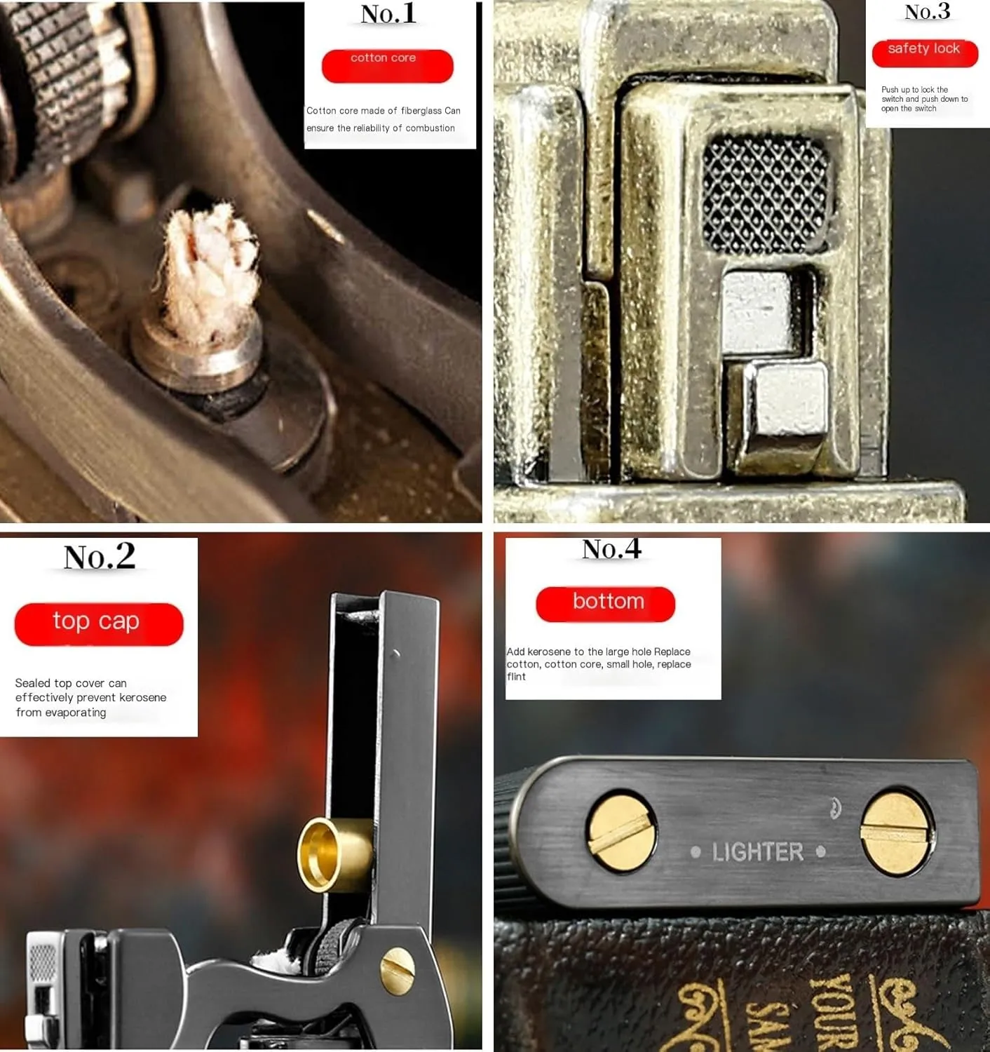 Vintage Kerosene Lighter Set with Replacement Flints & Tools, Trench Style Brass Lighters Gifts for Men Dad Husband (Gasket Included)(Fuel Not Included)(A)