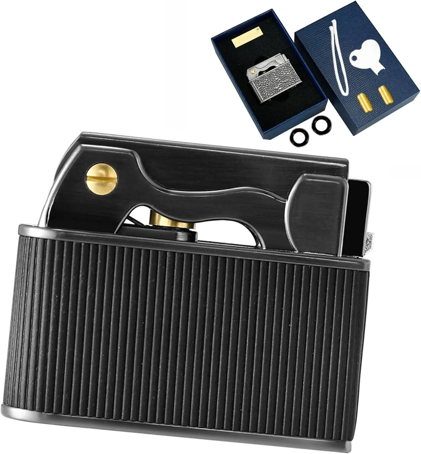 Vintage Kerosene Lighter Set with Replacement Flints & Tools, Trench Style Brass Lighters Gifts for Men Dad Husband (Gasket Included)(Fuel Not Included)(A)