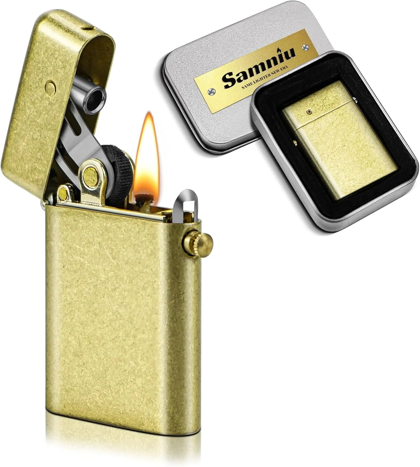 Vintage Trench Lighter, Classic Flip Copper Kerosene Lighters, with Replaceable Flint and Regulator, Cool Antique Brass Lighters for Men (No Fuel)