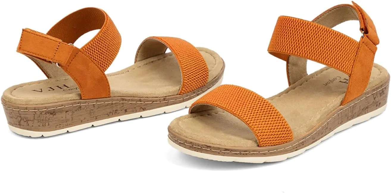 VJH confort Women’s Flat Sandals Open Toe Elastic Ankle Strap Slip on Comfy Low Wedge Sandals