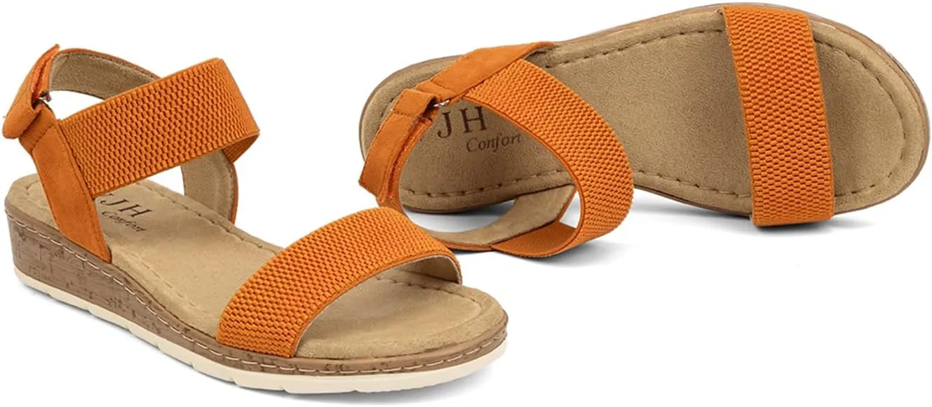 VJH confort Women’s Flat Sandals Open Toe Elastic Ankle Strap Slip on Comfy Low Wedge Sandals