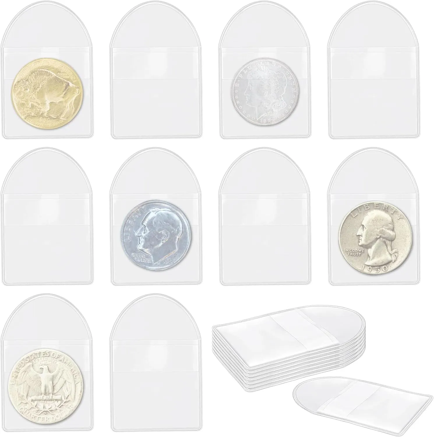 Vmiapxo 200 Pack 2" Single Pocket Coin Sleeves, Plastic Coin Collection Supplies Transparent Holders Protector Clear Bags for Coins Jewelry Ring Earring Pendant Gemstone (Semicircle)