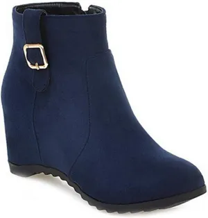 VOKLIN Women's Winter Wedge Dressy Ankle Boots Suede Round Toe Zipper Comfy Chunky Hidden Heel Short Booties