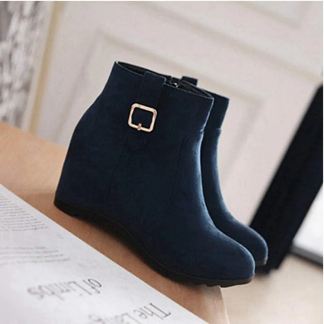 VOKLIN Women's Winter Wedge Dressy Ankle Boots Suede Round Toe Zipper Comfy Chunky Hidden Heel Short Booties