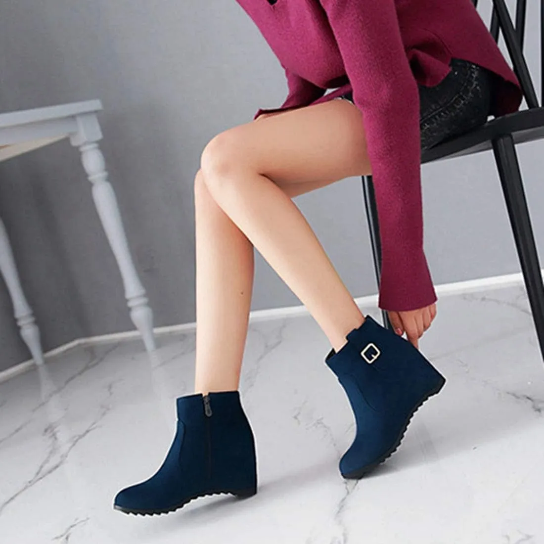 VOKLIN Women's Winter Wedge Dressy Ankle Boots Suede Round Toe Zipper Comfy Chunky Hidden Heel Short Booties