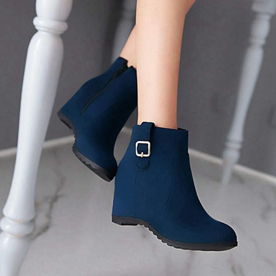 VOKLIN Women's Winter Wedge Dressy Ankle Boots Suede Round Toe Zipper Comfy Chunky Hidden Heel Short Booties