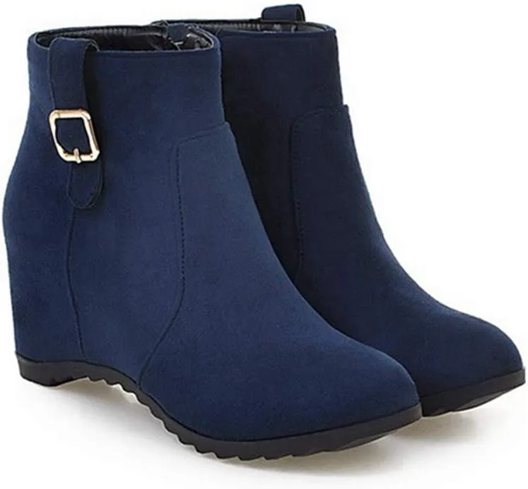 VOKLIN Women's Winter Wedge Dressy Ankle Boots Suede Round Toe Zipper Comfy Chunky Hidden Heel Short Booties