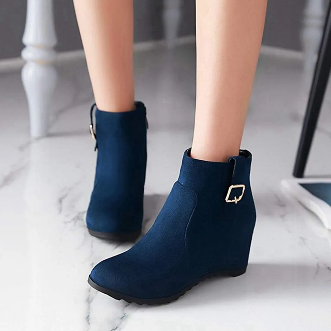 VOKLIN Women's Winter Wedge Dressy Ankle Boots Suede Round Toe Zipper Comfy Chunky Hidden Heel Short Booties
