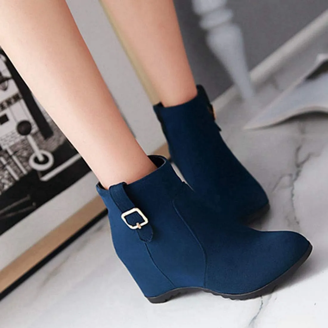 VOKLIN Women's Winter Wedge Dressy Ankle Boots Suede Round Toe Zipper Comfy Chunky Hidden Heel Short Booties