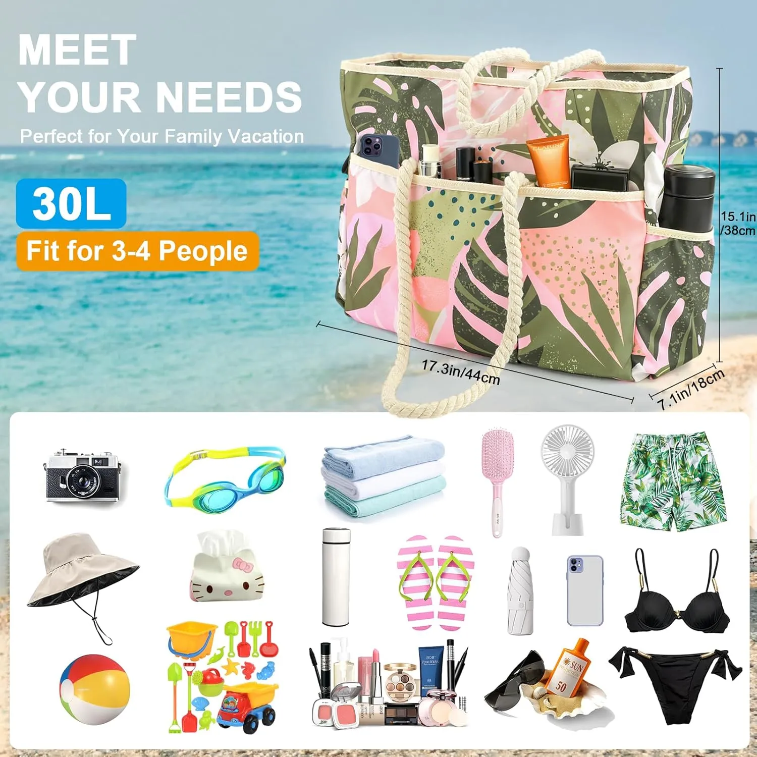 Vomgomfom 30L Large Beach Bag with Removable Wet Compartment, 14 Pockets, Waterproof Sandproof Pool Tote with Zipper Closure