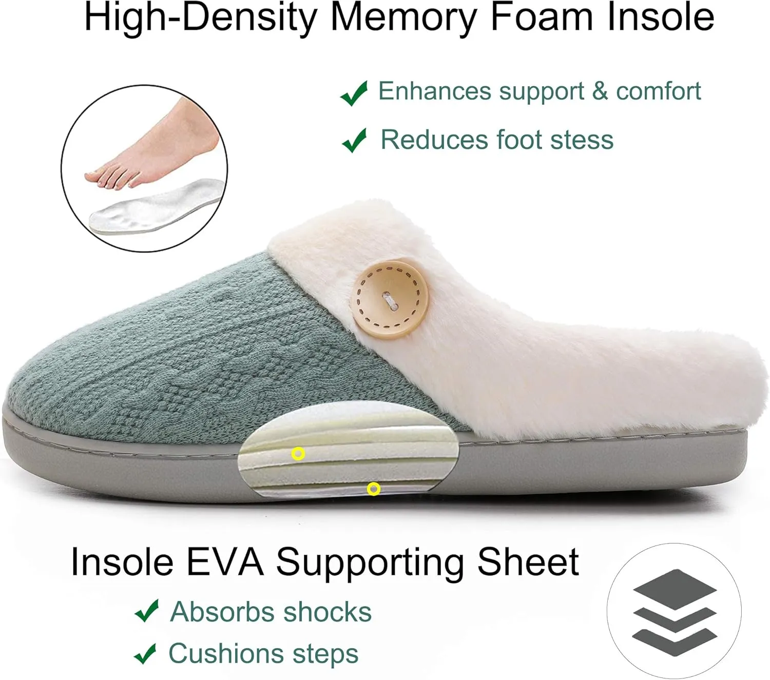 Vonluxe Women's Fuzzy House Slippers Comfy Memory Foam Bedroom Slippers Warm Slip On Light Shoes Outdoor Indoor Faux Fur Lined