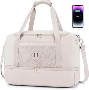 WANDF For Spirit Airlines 18x14x8 Personal Item Bag with USB Charging Port, Travel Duffel Bag with Wet Pocket & Shoe Compartment, Weekender Carry On Luggage for Women Men (Beige)