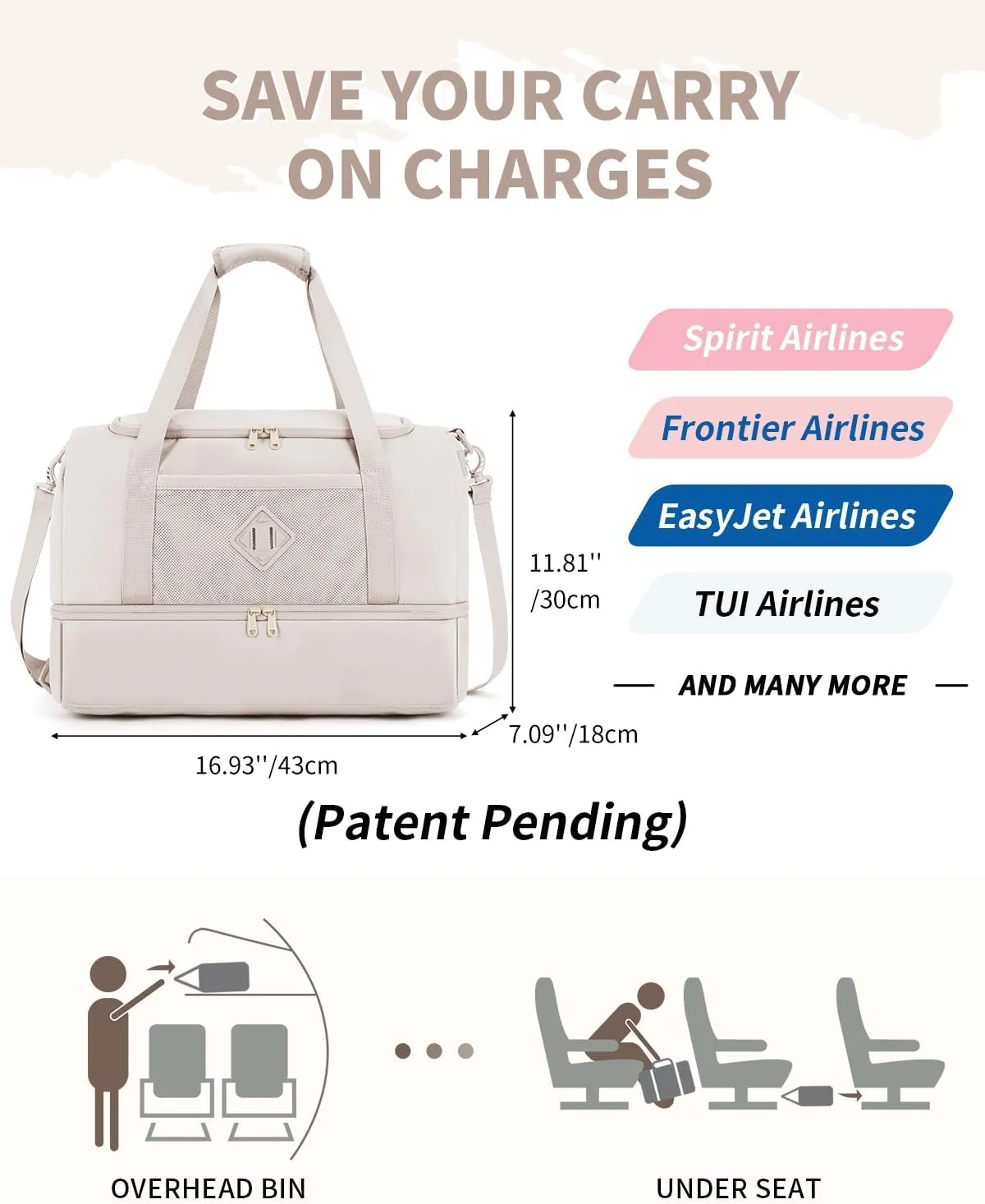 WANDF For Spirit Airlines 18x14x8 Personal Item Bag with USB Charging Port, Travel Duffel Bag with Wet Pocket & Shoe Compartment, Weekender Carry On Luggage for Women Men (Beige)
