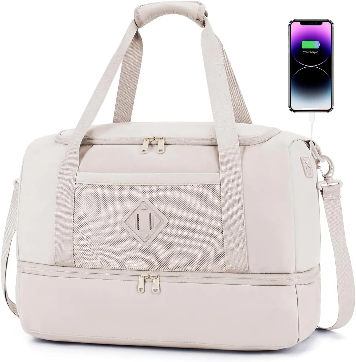 WANDF For Spirit Airlines 18x14x8 Personal Item Bag with USB Charging Port, Travel Duffel Bag with Wet Pocket & Shoe Compartment, Weekender Carry On Luggage for Women Men (Beige)