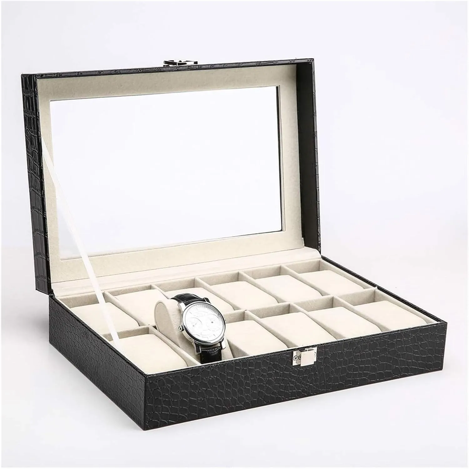 Watch Case,Elegant Large Leather Watch Box Organizer for Men Women with 12 Slots, Transparent top, Portable Watch Holder Mens Watches Case Storage Best for The Husband Friend,