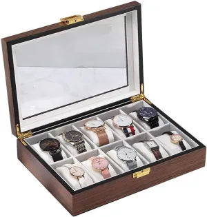 Watch Case,Elegant Large WoodenWatch Box Organizer for Men Women with 10 Slots, Transparent top, Portable Leather Watch Holder Mens Watches Case Storage Best for The Husband,
