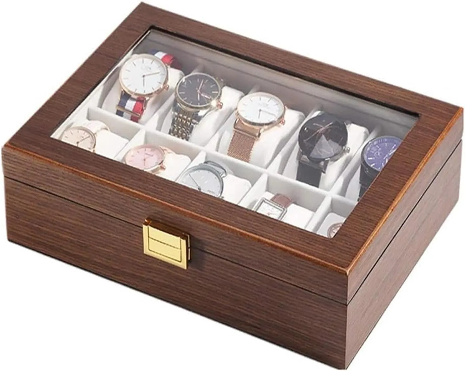 Watch Case,Elegant Large WoodenWatch Box Organizer for Men Women with 10 Slots, Transparent top, Portable Leather Watch Holder Mens Watches Case Storage Best for The Husband,