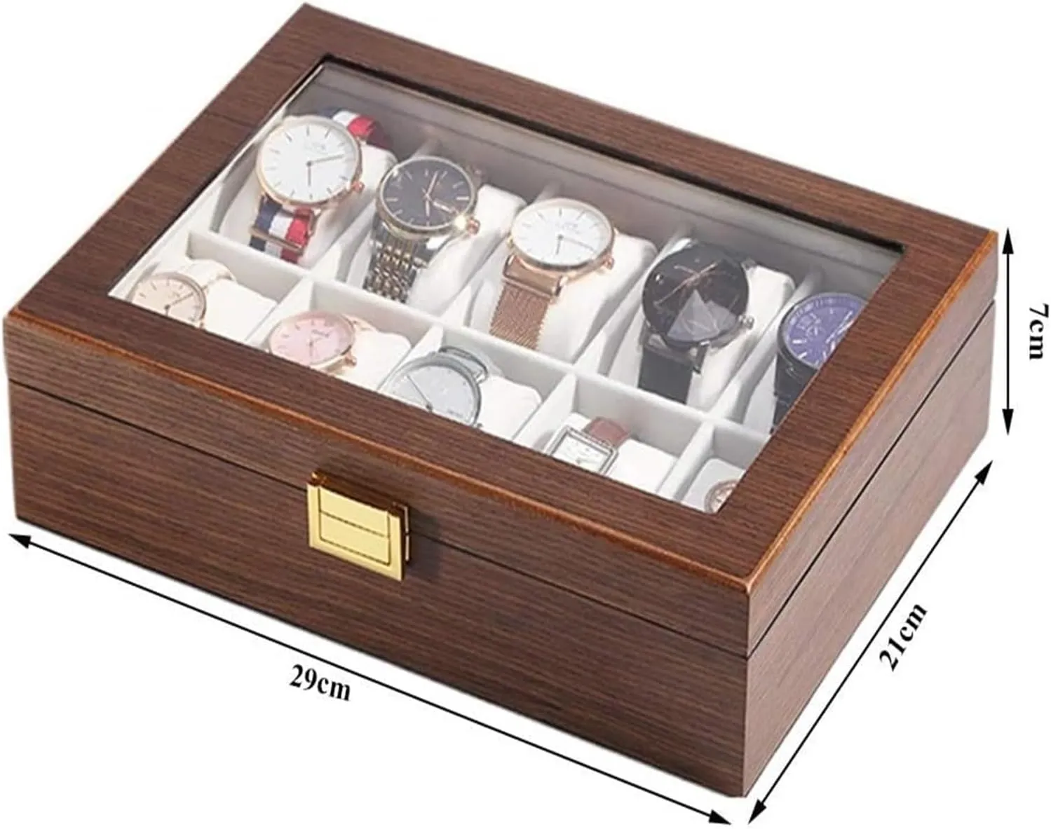 Watch Case,Elegant Large WoodenWatch Box Organizer for Men Women with 10 Slots, Transparent top, Portable Leather Watch Holder Mens Watches Case Storage Best for The Husband,