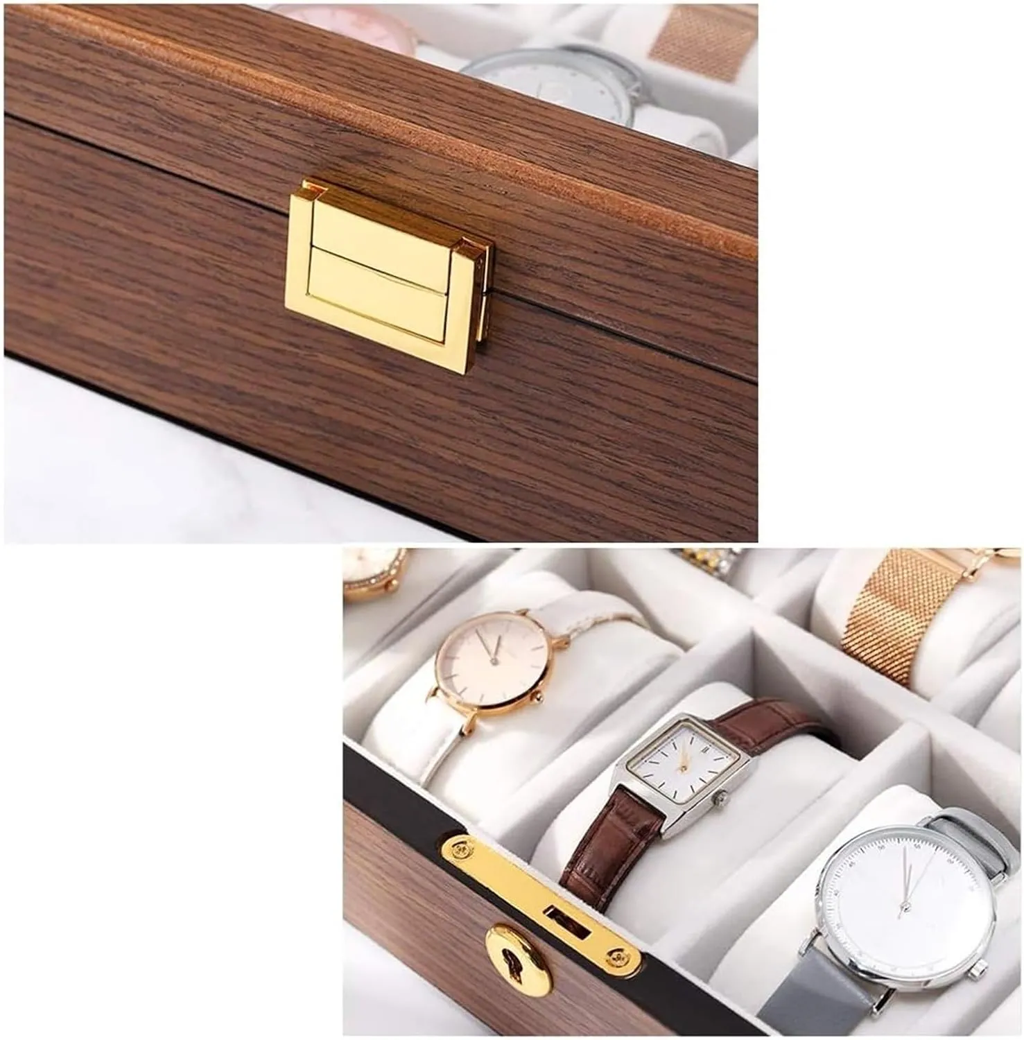 Watch Case,Elegant Large WoodenWatch Box Organizer for Men Women with 10 Slots, Transparent top, Portable Leather Watch Holder Mens Watches Case Storage Best for The Husband,