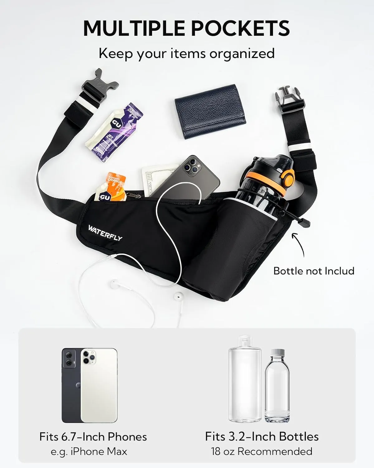 WATERFLY Running Water Bottle Belt: Hydration Fanny Pack Waist Bag for Women Men with Bottle Holder Hip Pack for Runners Walking Hiking Jogging