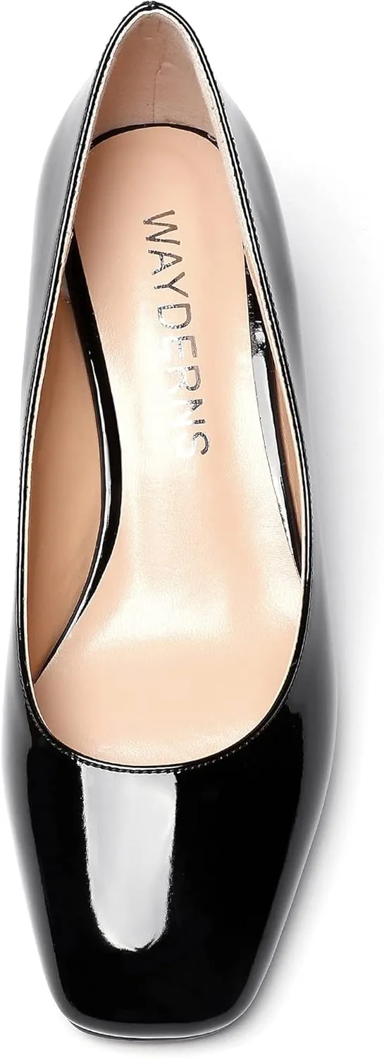 WAYDERNS Women's Slip On Patent Leather Square Toe Low Heel Wedge Pumps Shoes 2 Inch