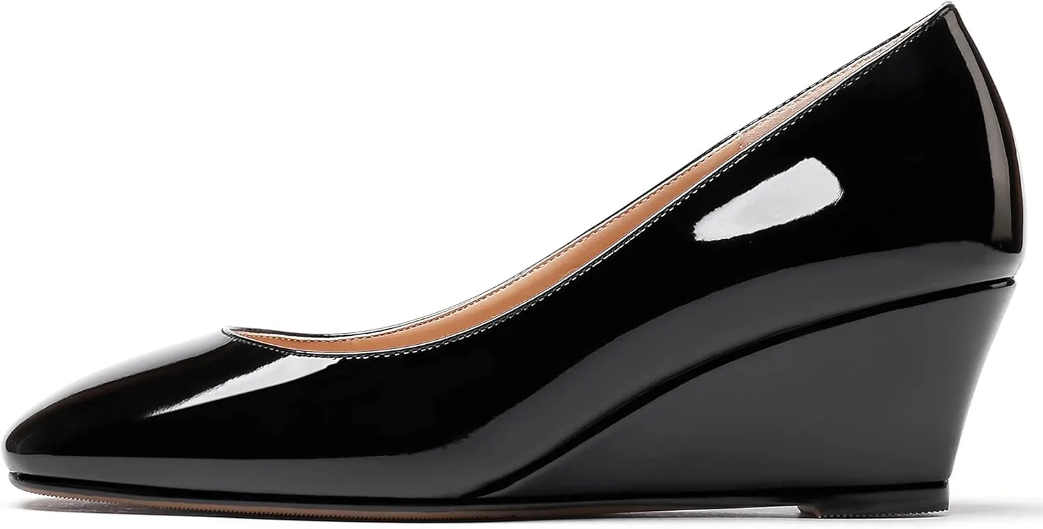 WAYDERNS Women's Slip On Patent Leather Square Toe Low Heel Wedge Pumps Shoes 2 Inch
