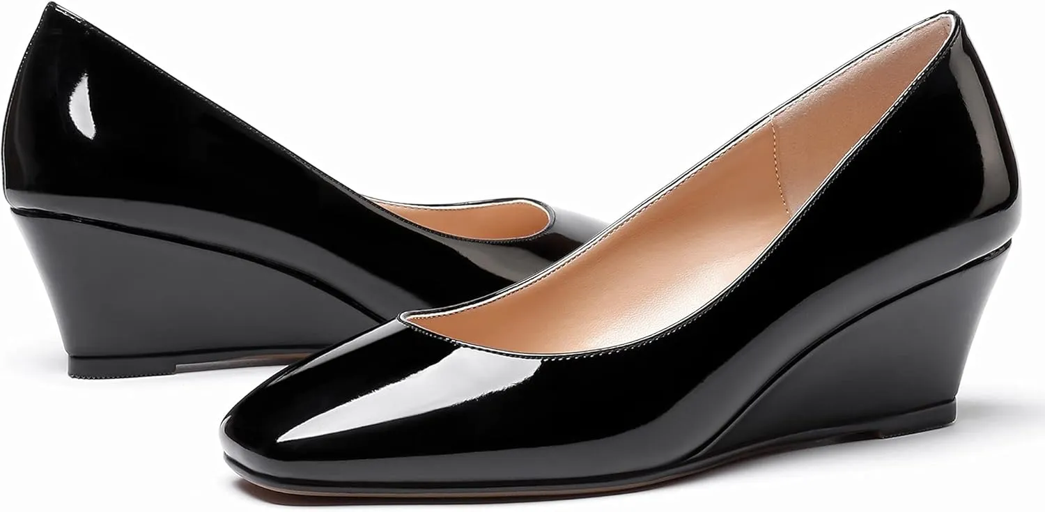 WAYDERNS Women's Slip On Patent Leather Square Toe Low Heel Wedge Pumps Shoes 2 Inch