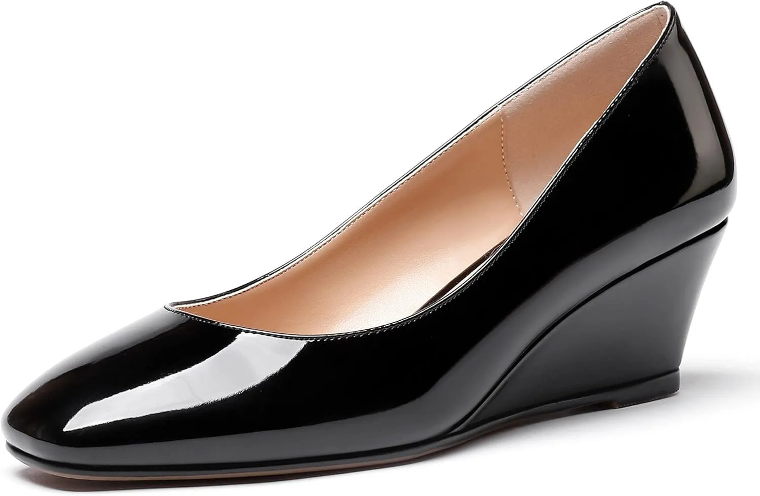 WAYDERNS Women's Slip On Patent Leather Square Toe Low Heel Wedge Pumps Shoes 2 Inch
