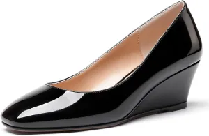 WAYDERNS Women's Slip On Patent Leather Square Toe Low Heel Wedge Pumps Shoes 2 Inch