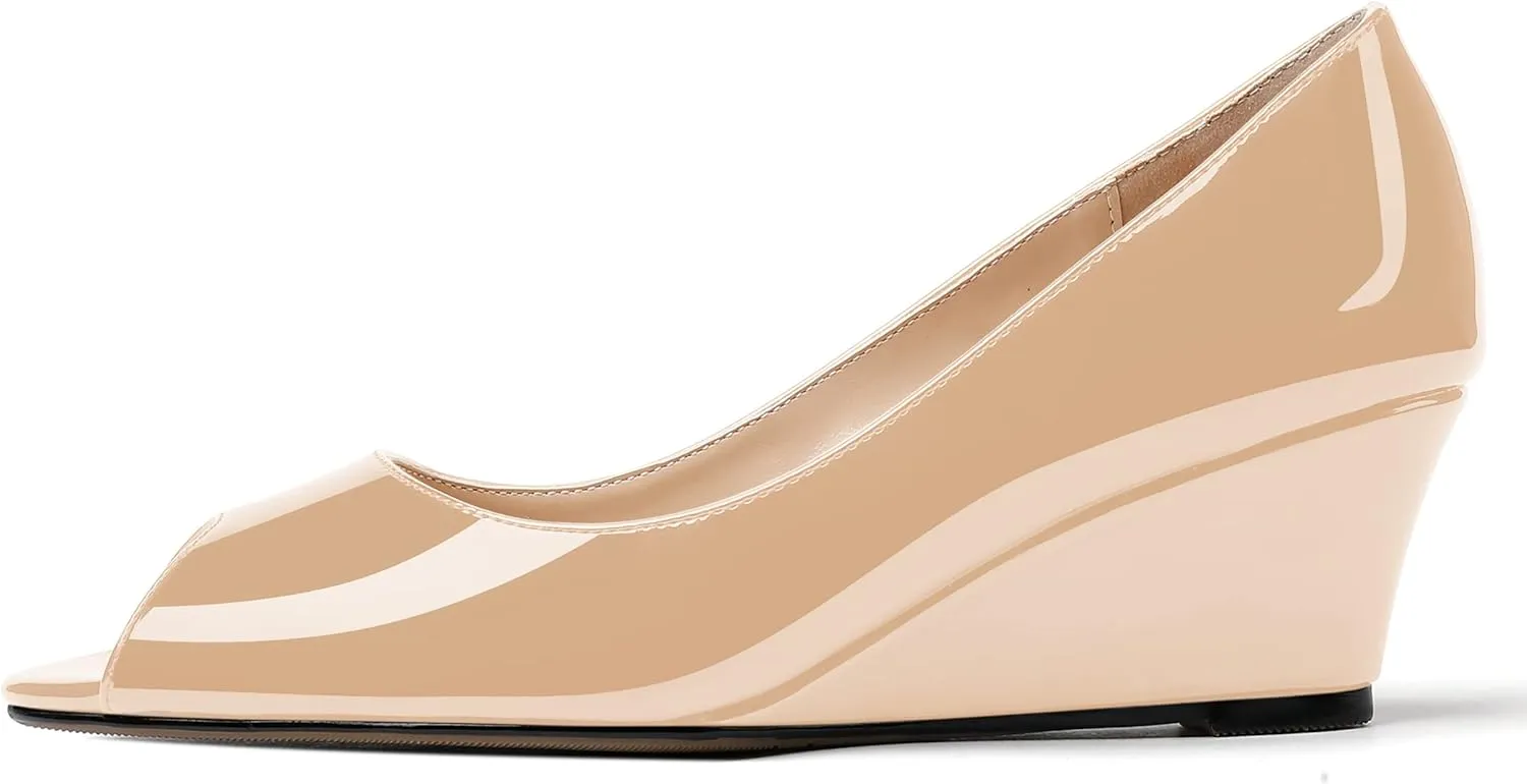 WAYDERNS Women's Slip On Peep Toe Patent Leather Wedge Low Heel Pumps Shoes 2 Inch