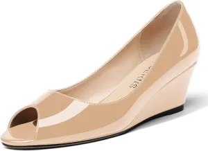 WAYDERNS Women's Slip On Peep Toe Patent Leather Wedge Low Heel Pumps Shoes 2 Inch