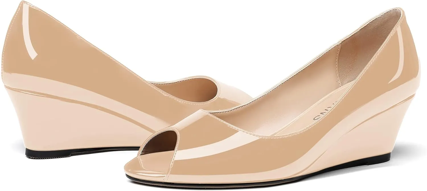 WAYDERNS Women's Slip On Peep Toe Patent Leather Wedge Low Heel Pumps Shoes 2 Inch