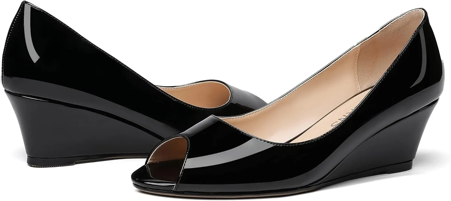 WAYDERNS Women's Slip On Peep Toe Patent Leather Wedge Low Heel Pumps Shoes 2 Inch