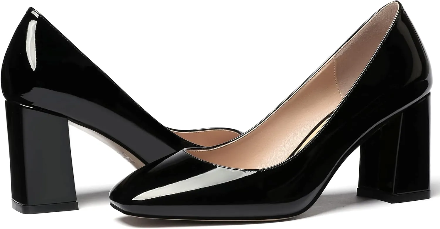WAYDERNS Women's Slip On Solid Square Toe Patent Block High Heel Pumps Shoes 3 Inch