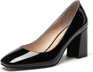 WAYDERNS Women's Slip On Solid Square Toe Patent Block High Heel Pumps Shoes 3 Inch