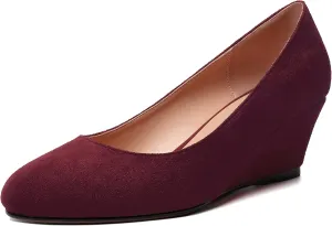 WAYDERNS Womens Solid Round Toe Dating Suede Casual Slip On Wedge Low Heel Pumps Shoes 2 Inch