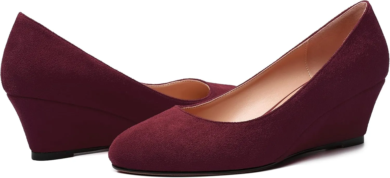 WAYDERNS Womens Solid Round Toe Dating Suede Casual Slip On Wedge Low Heel Pumps Shoes 2 Inch