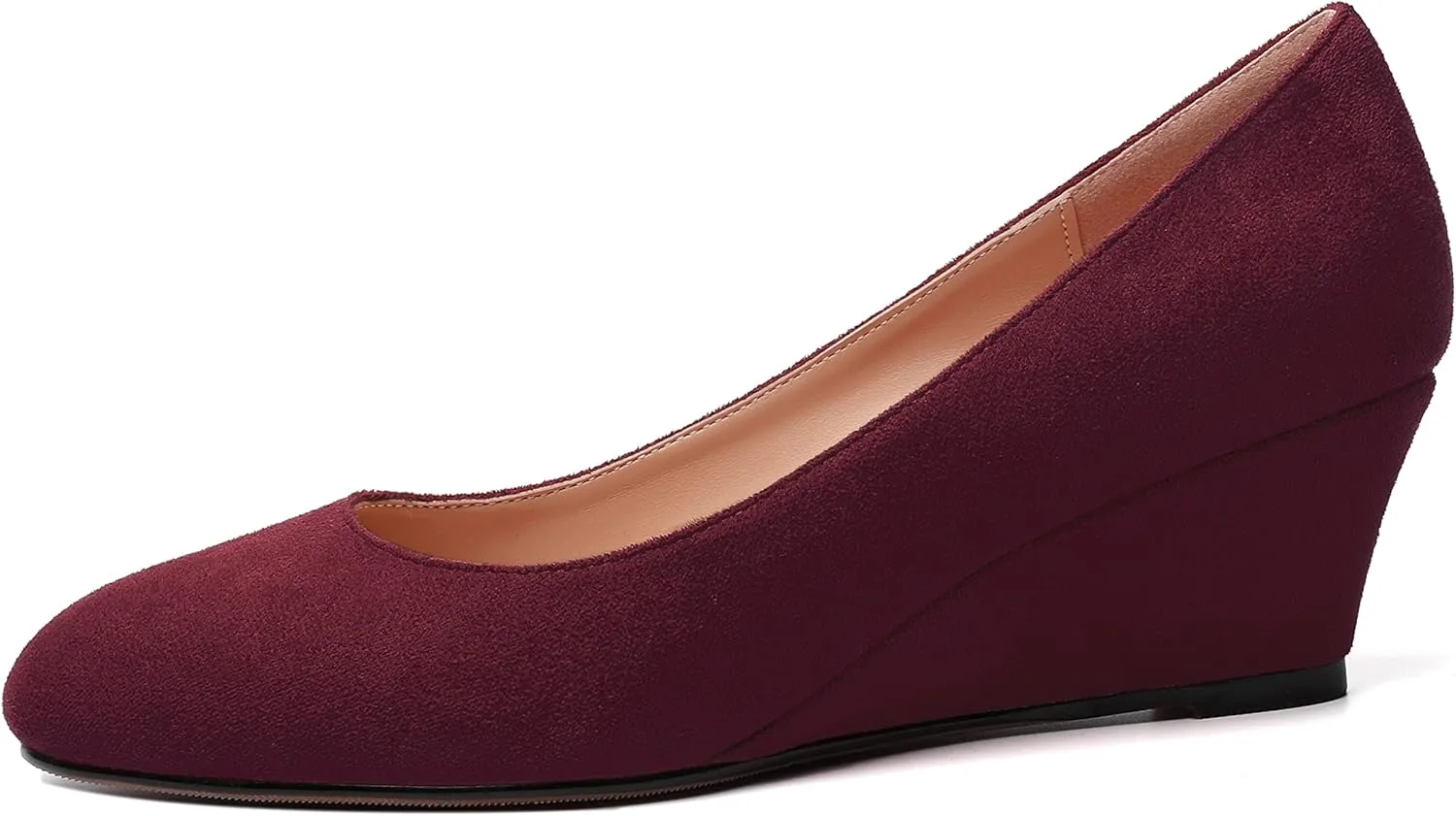 WAYDERNS Womens Solid Round Toe Dating Suede Casual Slip On Wedge Low Heel Pumps Shoes 2 Inch