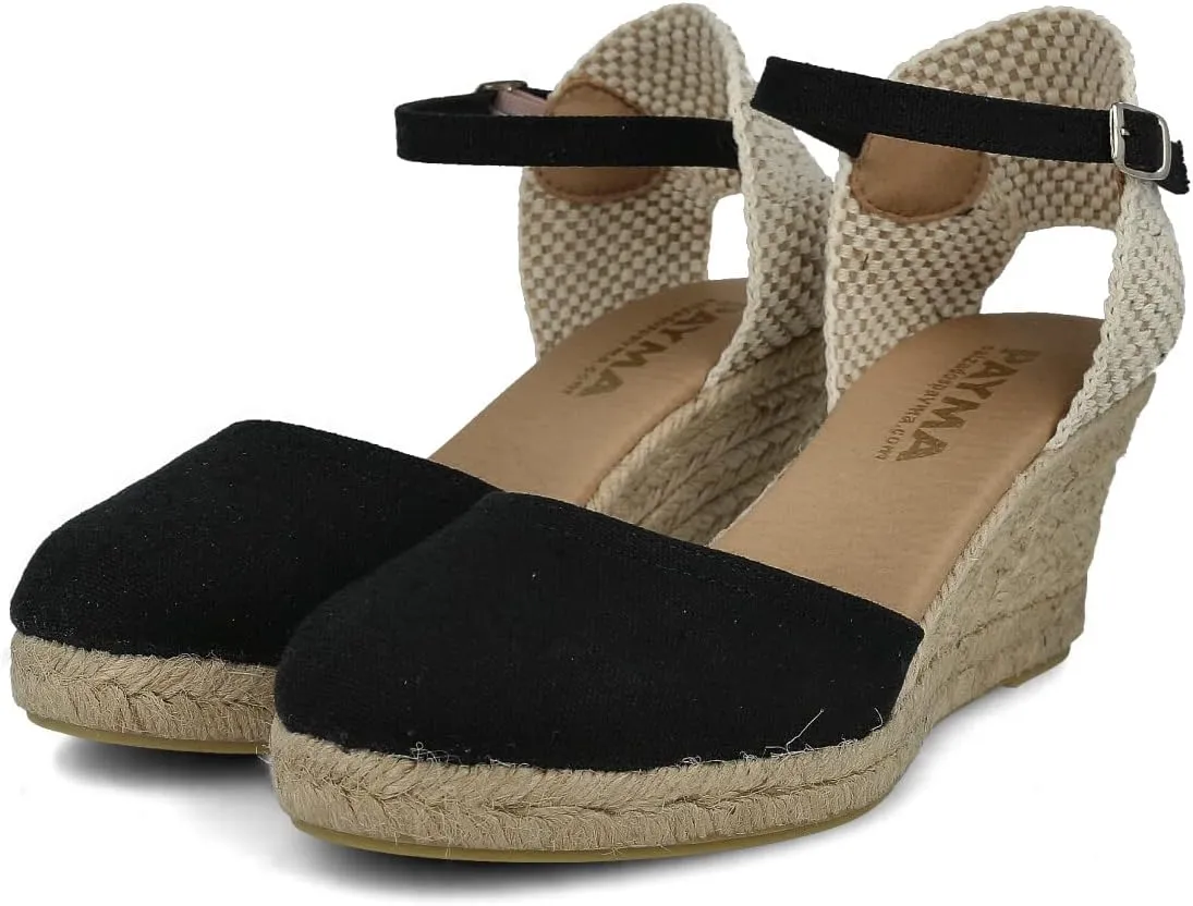 Wedge Sandals for Women. Made in Spain. Classic 5 Strings Height. Jute Espadrille with Buckle. Padded Fabric Insole. Rubber Outsole.
