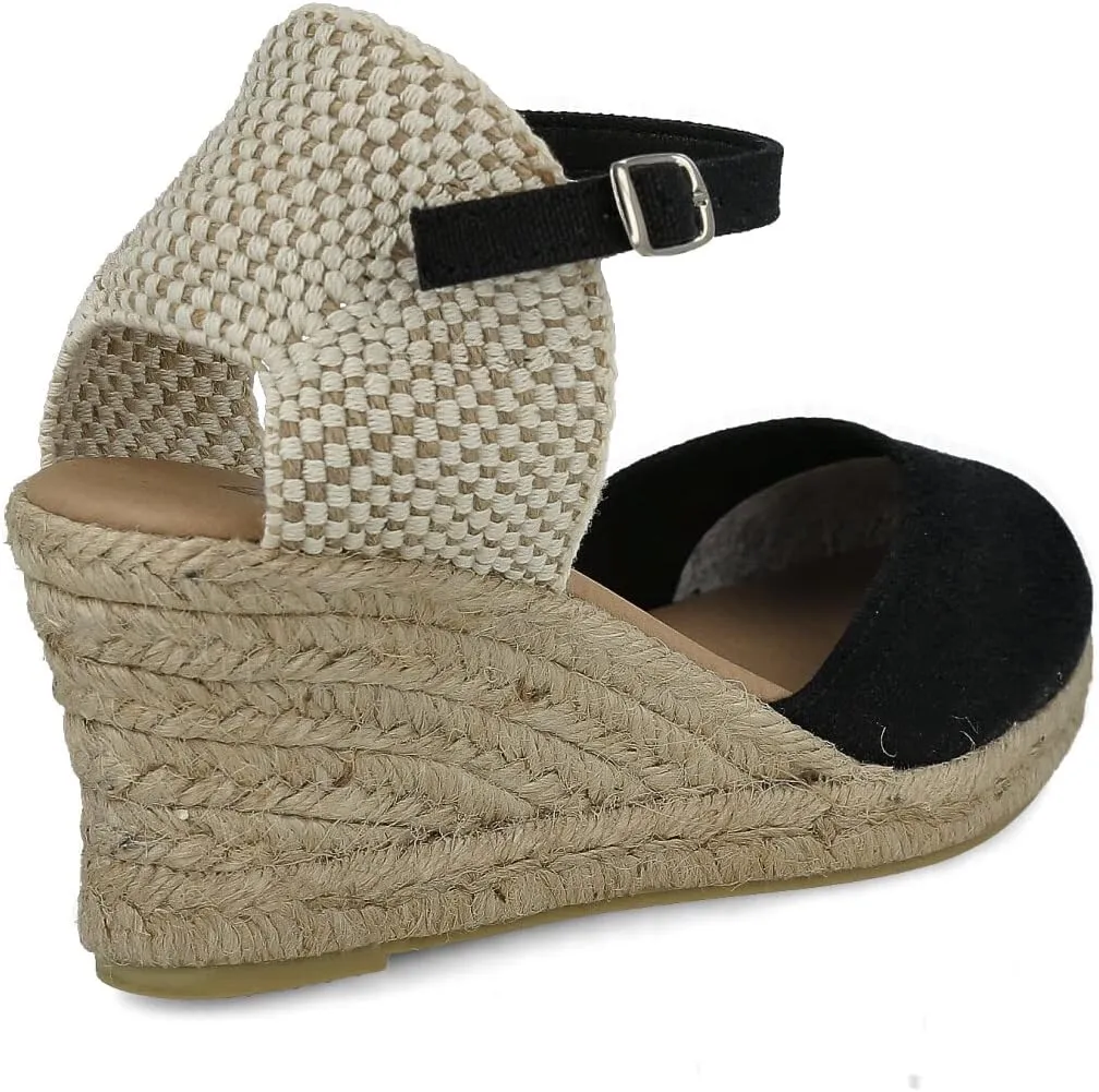 Wedge Sandals for Women. Made in Spain. Classic 5 Strings Height. Jute Espadrille with Buckle. Padded Fabric Insole. Rubber Outsole.