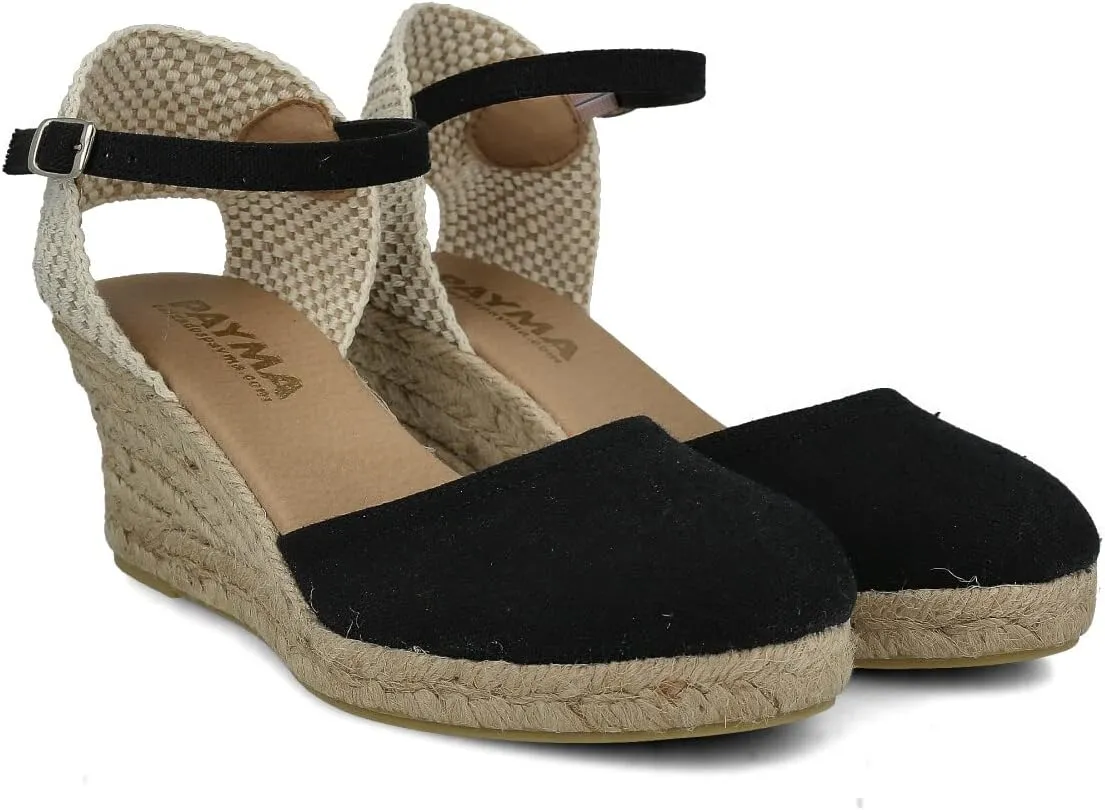 Wedge Sandals for Women. Made in Spain. Classic 5 Strings Height. Jute Espadrille with Buckle. Padded Fabric Insole. Rubber Outsole.